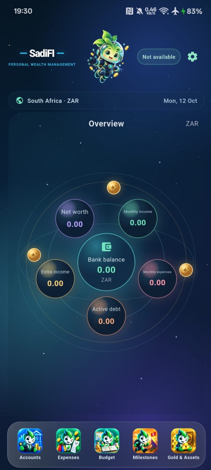 SadiFI Companion overview showing balances, income, expenses and quick access features with sample data
