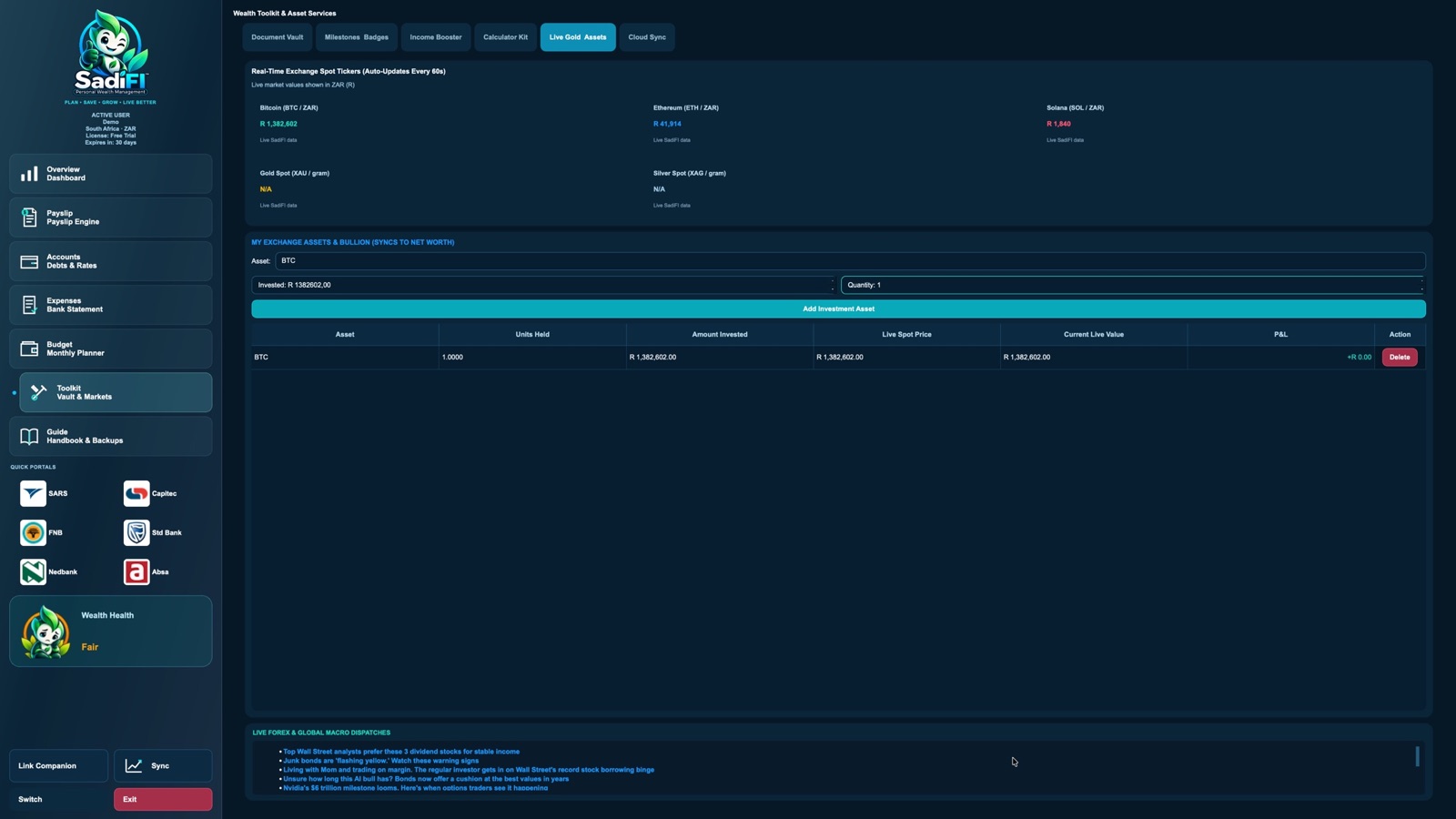 SadiFI Live Gold and Assets screen showing market reference prices and an illustrative demo holding.