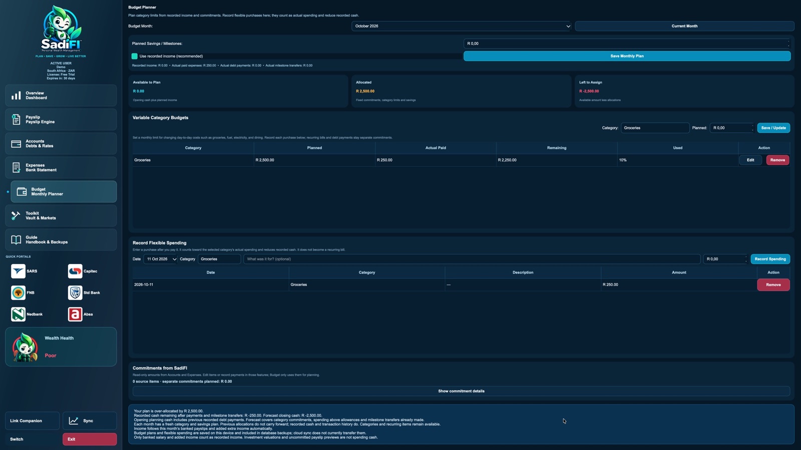 SadiFI Budget Planner showing category limits, recorded purchases and remaining monthly amounts.