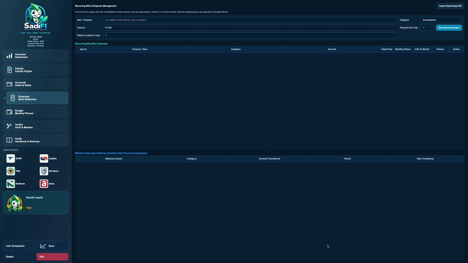 SadiFI recurring expense form and tables, shown with demo data.