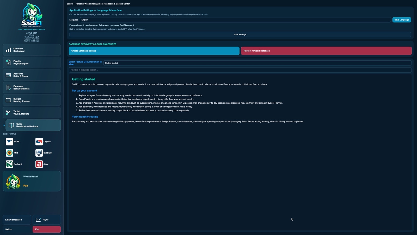 SadiFI Handbook and Backup Center with language settings, database recovery and getting-started guidance.
