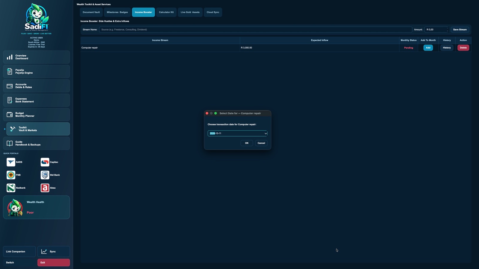 SadiFI Income Booster showing an example income stream and monthly status.