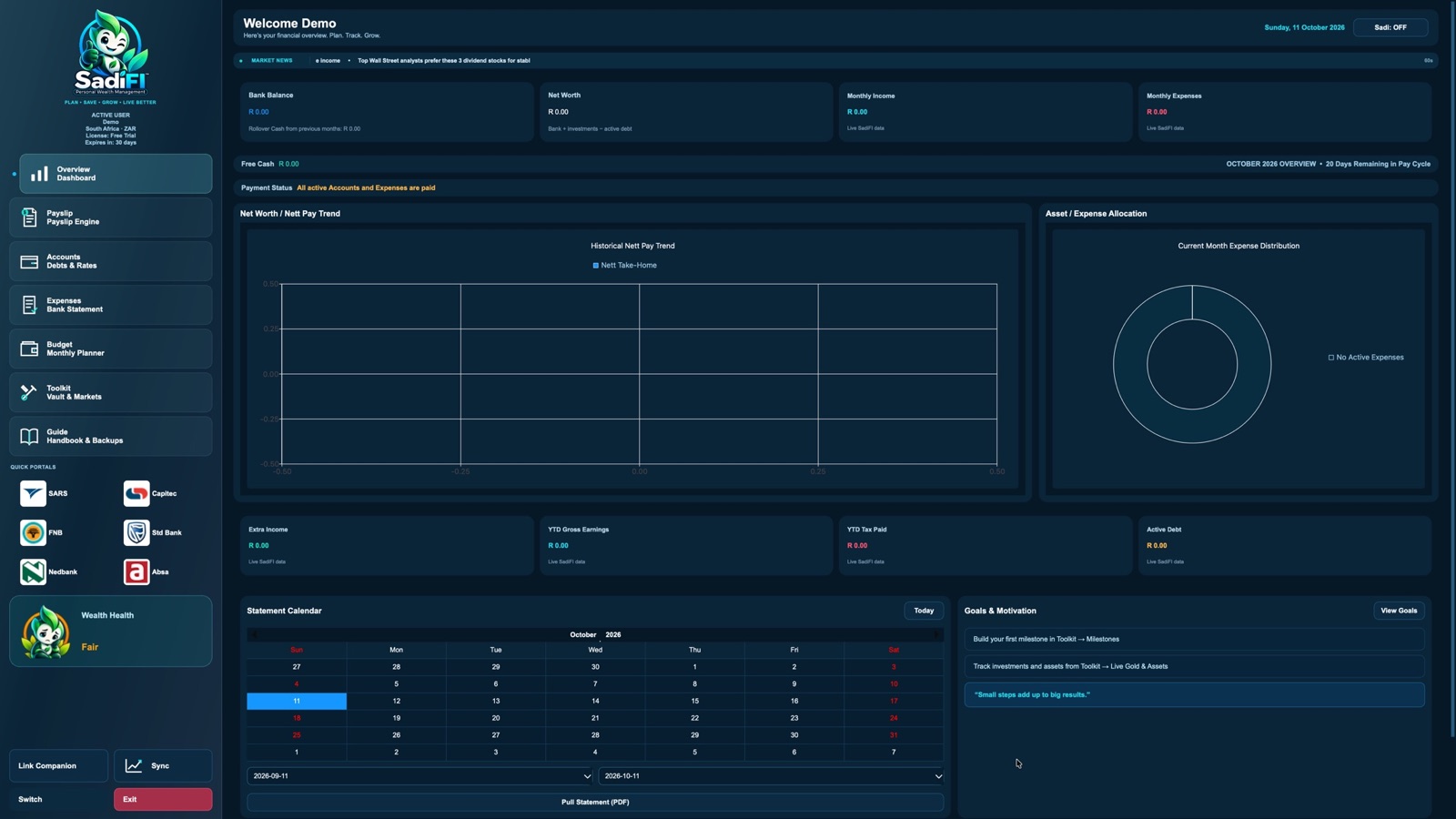 SadiFI Demo dashboard showing bank balance, net worth, monthly income and expenses, charts, calendar and goals.
