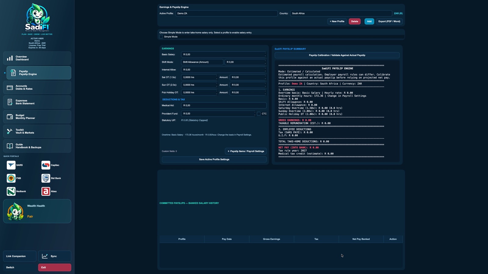 SadiFI Payslip Engine with a demo profile, salary inputs and an estimated payslip summary.