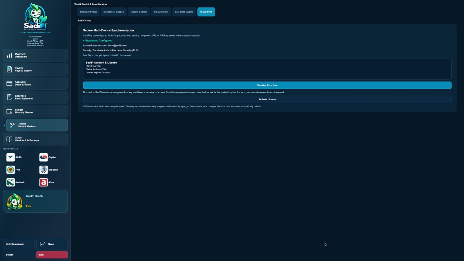 SadiFI Cloud Sync settings for a demo account, showing sync status and recovery-code guidance.